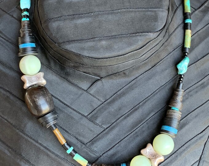 Antique designer necklace with jade, turquoise, onyx, coconut flakes and antique glass beads