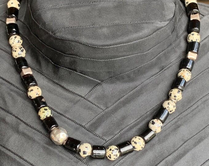 Necklace with Dalmatian pearls, antique silver parts and glass beads