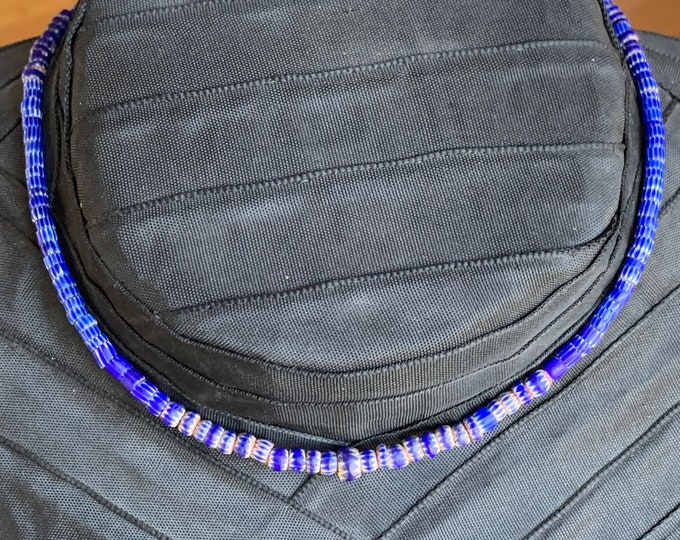 Antique Chevron Glass Bead Necklace with Silver Clasp