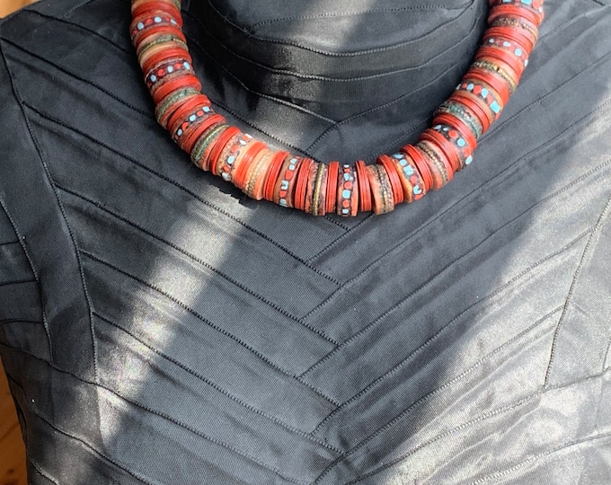Antique bone bead necklace with Bakelite discs from Nepal