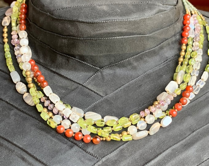 Necklace 5 strands mixed with jade, fluorite, carnelian and brass beads
