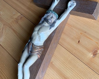 Jesus Cross 19th century oak / ceramic