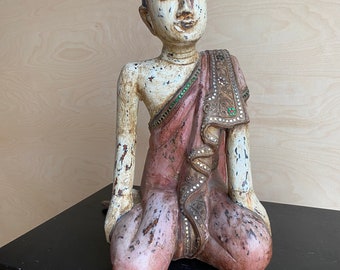 Wooden sculpture / Buddha monk from Burma with glass decoration
