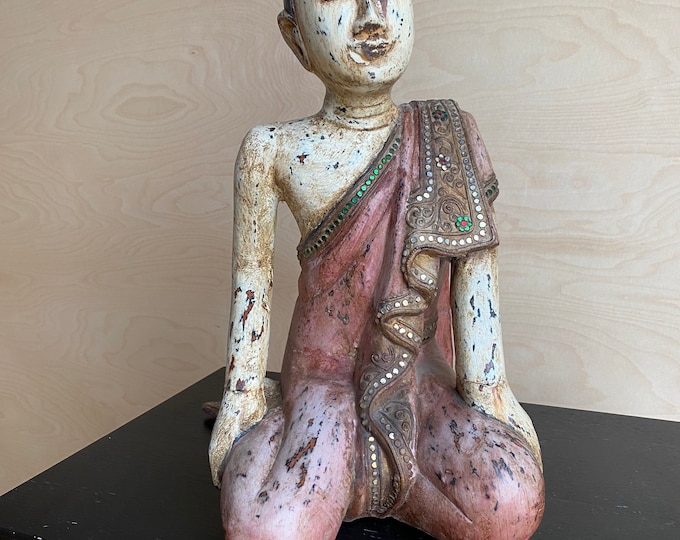 Wooden Sculpture / Buddha Monk from Burma with Glass Decoration