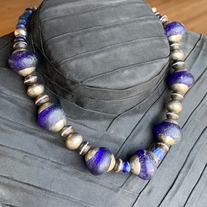 Antique African glass bead necklace with ebony beads and silver