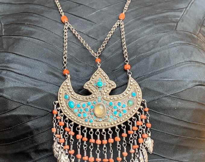 Antique Tibetan necklace silver with coral, turquoise and rock crystal