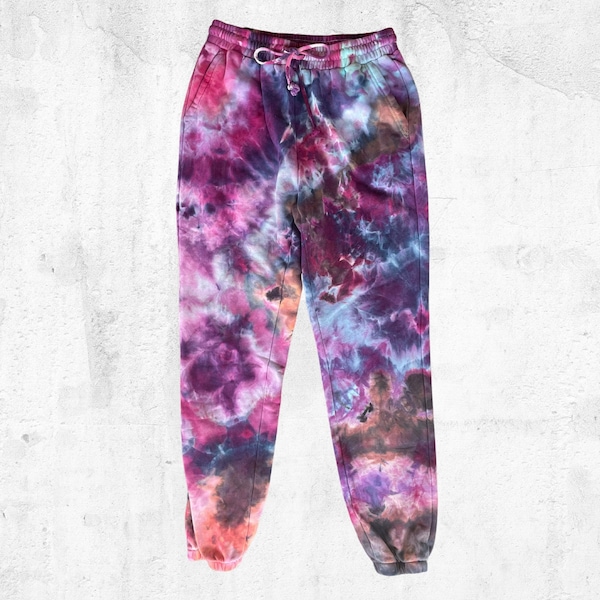 Ice Dyed Joggers - Tie Dye Sweatpants - Handmade Unique Bottoms - Watercolor Purple Pink Coral Magenta - Women's Large (8/10)