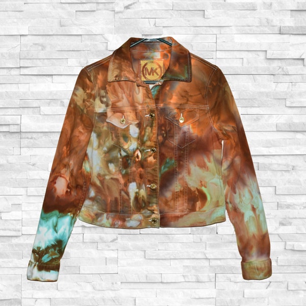 Icy Dyed Jean Jacket - Watercolor Tie Dye Denim Coat - Rock meets Boho - Upcycled Fashion - Neutral Brown Gold Green (Women's Small)