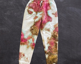 Ice Dyed Sweatpants - Tie Dye Pants - Handmade Unique Bottoms - White Red Neutrals - Fall Winter Women's XL (10/12)
