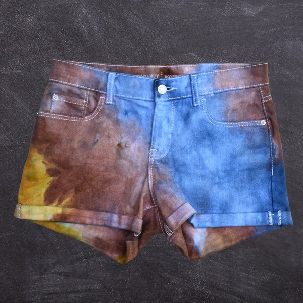 Tie Dyed Shorts - Ice Dye Denim - Mid-rise Boyfriend - Sky meets Earth - Upcycled - Blue Brown Yellow (Women's Size 4)