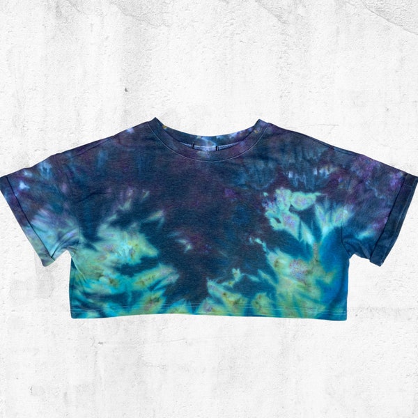 Women's Large Cropped Tee - Ombre Ice Tie Dye - Green Purple Brown - Spring Summer Clothing - Boho meets Rock