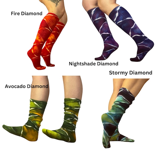 Ice Dyed Bamboo Socks - Tie Dye Hosiery - Diamond Pattern - Unisex - Handmade Hand-dyed - Fire Nightshade Avocado Stormy (One Size)
