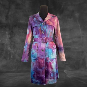 Ice Dye Classic Trench Coat - Pardessus aquarelle - Night Out Rock meet Boho - Violet Bleu Corail Rose (XSmall Femme)
