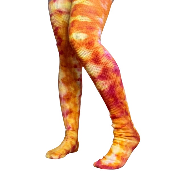 Ice Dyed Thigh Highs - Tie Dye Stockings Socks - Red Orange Yellow Green Blue Purple (One Size 26")