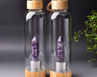 Sacred Waters Amethyst Bottle - Limited Edition Bamboo Crystal Glass Bottle - Amethyst Crystal Infused Water - Crystal Charged Elixir
