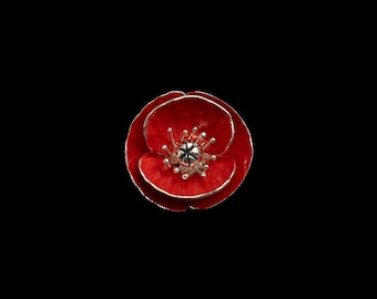 Rote Emaille Sterling Silber Mohnblume Brosche - Handgemachte Blume Anstecknadel