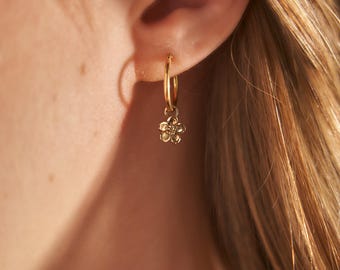 9ct Gold Hoop Earrings: Handmade Forget-Me-Not Flower Charms