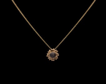 9ct Gold Mini Sunflower Necklace - Wilde Flower. Real Gold sunflower pendant. Small. Everyday. Delicate. Fine gold chain. Not Gold plated.