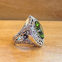 Eyehape Natural Peridot Серебряное кольцо, Зеленый драгоценный камень с резьбой, Изысканное балийское кольцо Peridot, Кольцо для женщин, Подарки для нее, Размер US 6.75