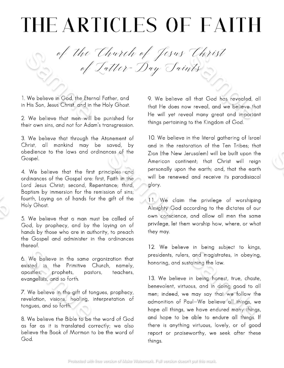The Articles of Faith LDS Printable Digital Download Instant File Sleek