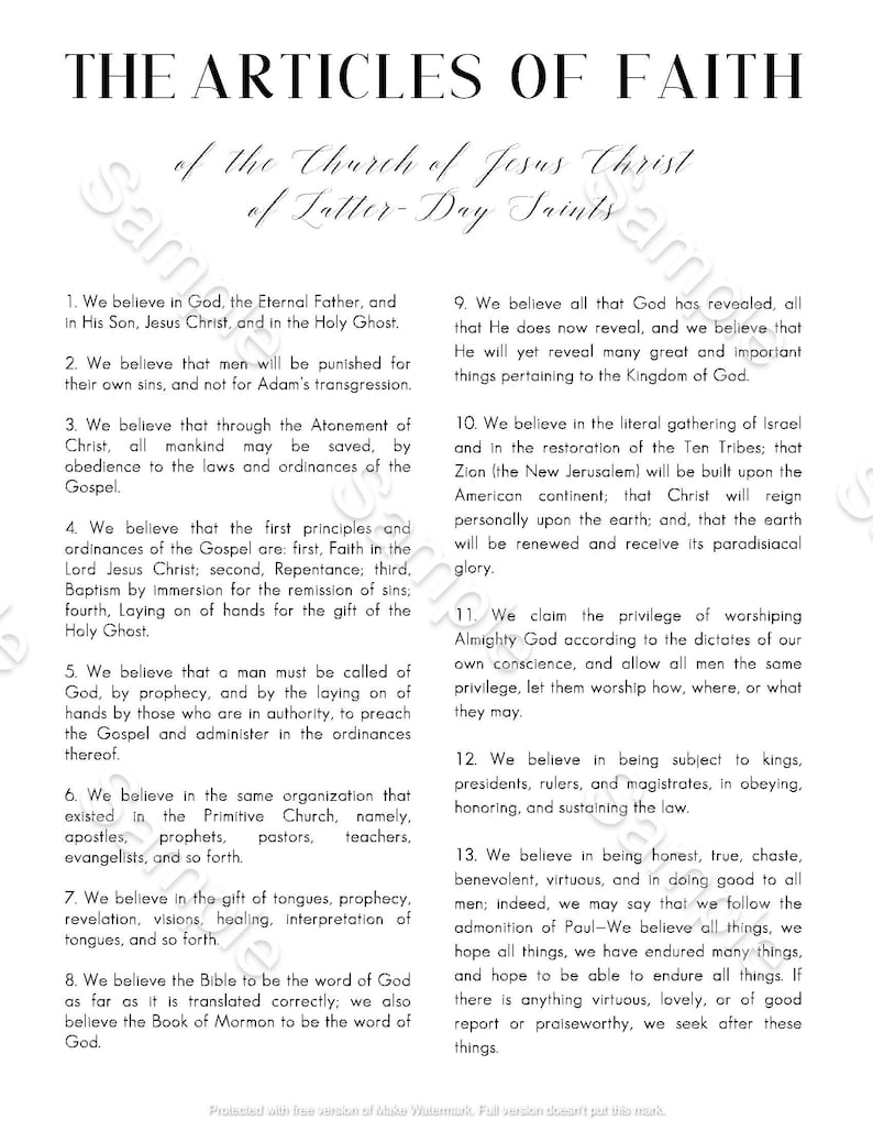 The Articles of Faith LDS Printable Digital Download Instant File Sleek
