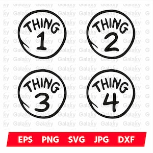 Könnte beinhalten: Vier schwarz-weiße kreisförmige Designs mit den Wörtern "THING" und den Zahlen 1, 2, 3 und 4 im Inneren. Die Designs befinden sich auf weißem Hintergrund mit einem roten Banner unten mit der Aufschrift "EPS PNG SVG JPG DXF".