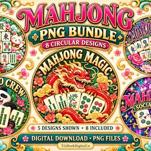 Mahjong PNG Bundle, 8 Circular Designs, Lucky Cats, Dragon, Panda & Floral Mahjong Clipart, Digital Download