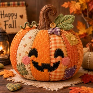 May include: A fabric pumpkin decoration featuring a patchwork design of orange, yellow, and brown textiles. It has a black felt jack-o'-lantern face with pink cheeks, a brown knit stem, a green felt leaf, and small wooden buttons as accents.