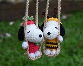 Crochet Beagle Car Charm | Bee or Strawberry Dog Swing | Handmade Rearview Mirror Gift