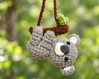 Handmade Crochet Koala Car Charm | Eucalyptus Branch Decor (10cm)