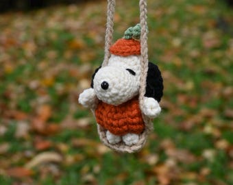 Handmade Crochet Pumpkin Dog Charm | Fall Beagle Swing (Rearview Mirror Gift)