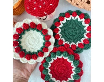 Christmas Crochet Coaster Set | Handmade Red Green White Holiday Mug Mat