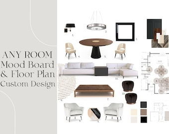 Raum-Moodboard und Grundriss • Individuelles Virtuelles Innendesign • Online-Innenarchitektur-Service • E-Design • 3D-rendering • Interior Styling