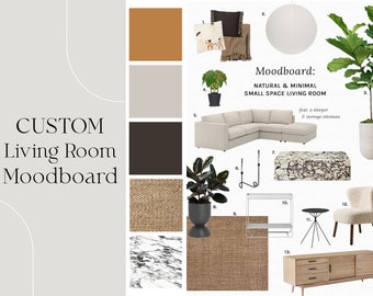 Living Room Moodboard • Custom Virtual Interior Design •  Online Interior Design Service • E-Design Moodboard • 3D Render Interior Styling