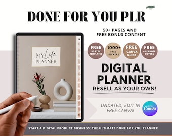 PLR Digital Planner, Canva Template with Resell Rights: Monthly, Weekly, Daily Layouts for Commercial Use, Editable Hyperlinked Planner