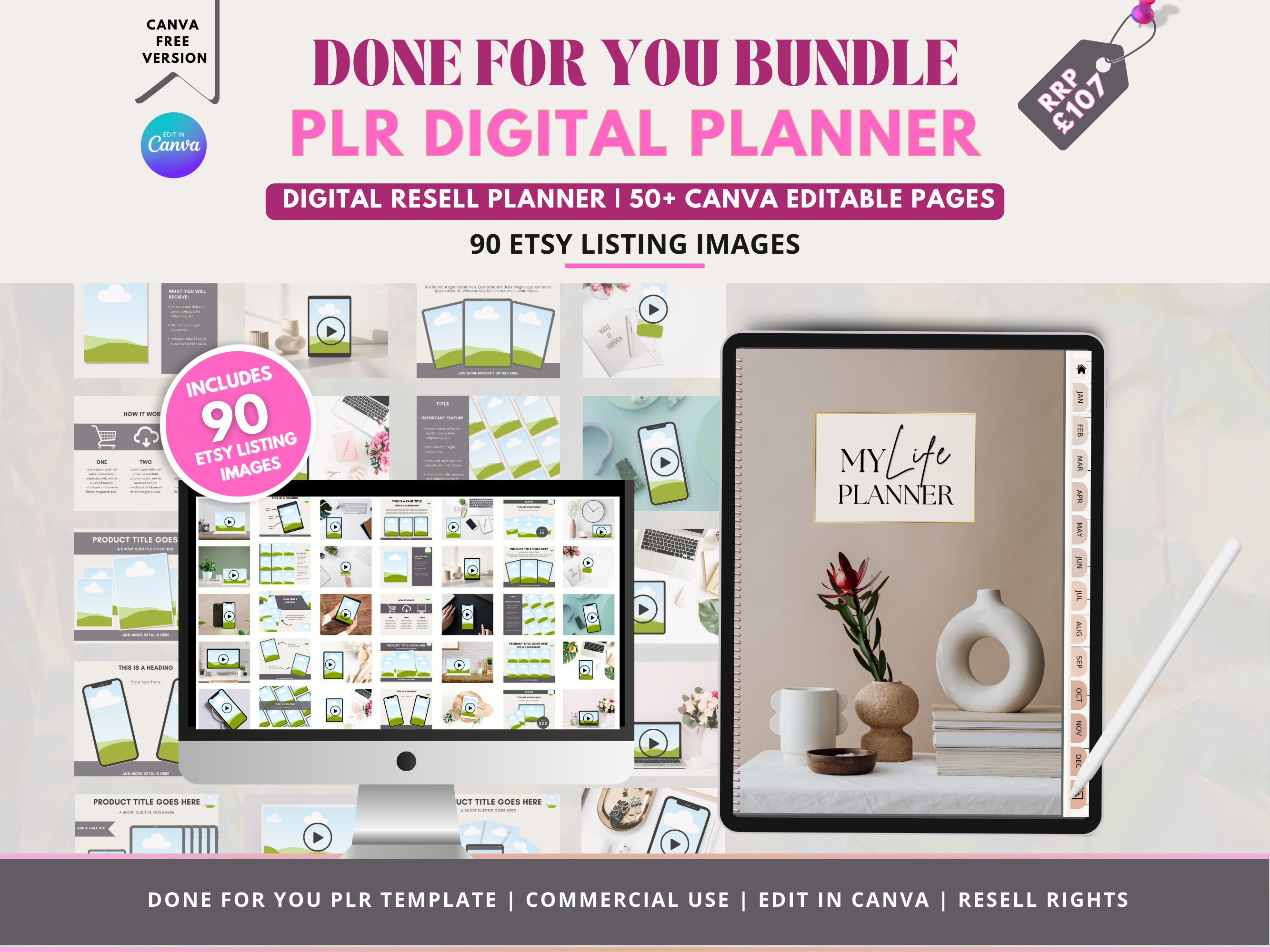 PLR Resell Digital Planner Bundle, 90 Etsy Listing Mockups, Canva ...