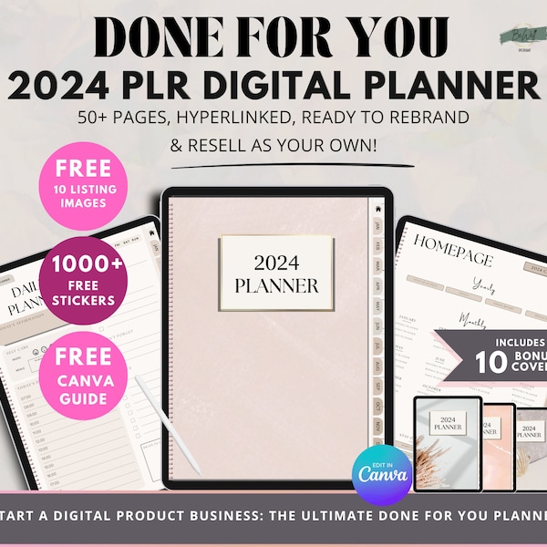 PLR Resell, 2024  Digital Planner: Editable Template, Hyperlinked Pages, Monthly Calendars, Daily Trackers. Bonus  Etsy Mockups & Stickers