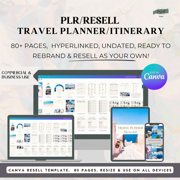 Plr Commercial Use, Travel Planner, Vacation planner, Travel Itinerary, Editable Canva Template with Packing List and Resell Rights