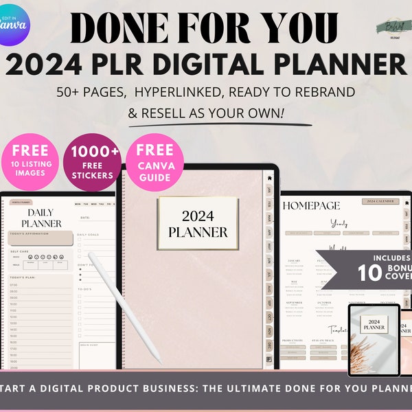 PLR, 2024 Digital Planner: Editable PLR Template for iPad/Tablet, Instant Download PLR Planner, Ideal for Passive Income and commercial use.