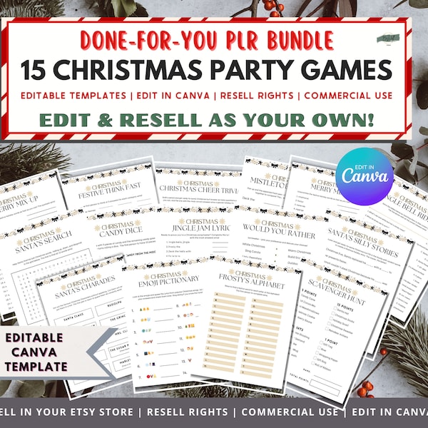 PLR, 15 Holiday Games With Resell Rights. Commercial use party games template, Christmas printable, Canva template, Private Label Rights