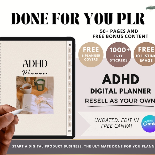 Canva Editable ADHD Planner - PLR Planner Template with Hyperlinked Pages, Daily Trackers, Monthly Calendars, Resell Rights, Digital Planner