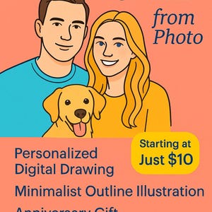 Custom Line wall Art Portrait from Photo– Personalized Digital Drawing | Outline Illustration | Anniversary Gift for h | Couple & Pet Sketch