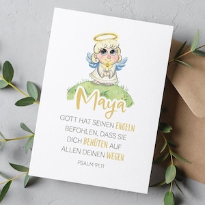 Personalisierte Taufkarte mit Engel & Psalm 91,11, Glückwunschkarte zur Taufe Taufspruch Schutzengel, Gratulationskarte, Geschenk Tauffeier