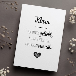 Trauerkarte, Für immer geliebt, Niemals vergessen, Auf ewig Vermisst, Beileidskarte mit Herz & Name zum Abschied