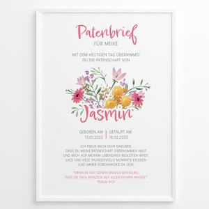 Patenbrief zur Taufe, Geburt mit Blumen, personalisiertes Taufgeschenk an Paten, Patenurkunde für Patentante & Patenonkel, DRUCK / PDF