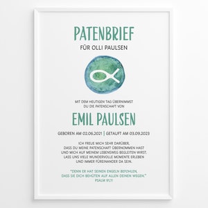 Patenbrief zur Taufe mit Fisch als Geschenk für deine Paten, Patentante & Patenonkel, Segnung, Patenurkunde, Taufgeschenk, Taufbrief