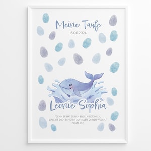 Fingerprint Gästeposter Wal im Wasser zur Taufe, Kommunion, Segnung für ein Gästebuch, Erinnerung, PDF / Druck nach Wunsch personalisiert