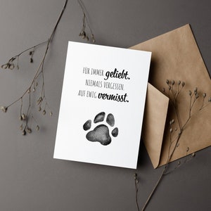Trauerkarte, Liebe, Unvergessen, Vermissen, Katze & Hund, Beileidskarte mit Pfotenabdruck zum Abschied vom geliebtem Haustier