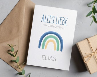 Karte zum Geburtstag, Personalisierbare Geburtstagskarte mit Regenbogen, Farbauswahl für Jungen und Mädchen, Geschenk, Baby, Glückwunsch