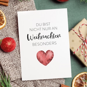 Weihnachtskarte Rotes Grüner Blaues Herz mit Spruch, Du bist nicht nur an Weihnachten besonders, Geschenkkarte, Minikarte, Karte Postkarte